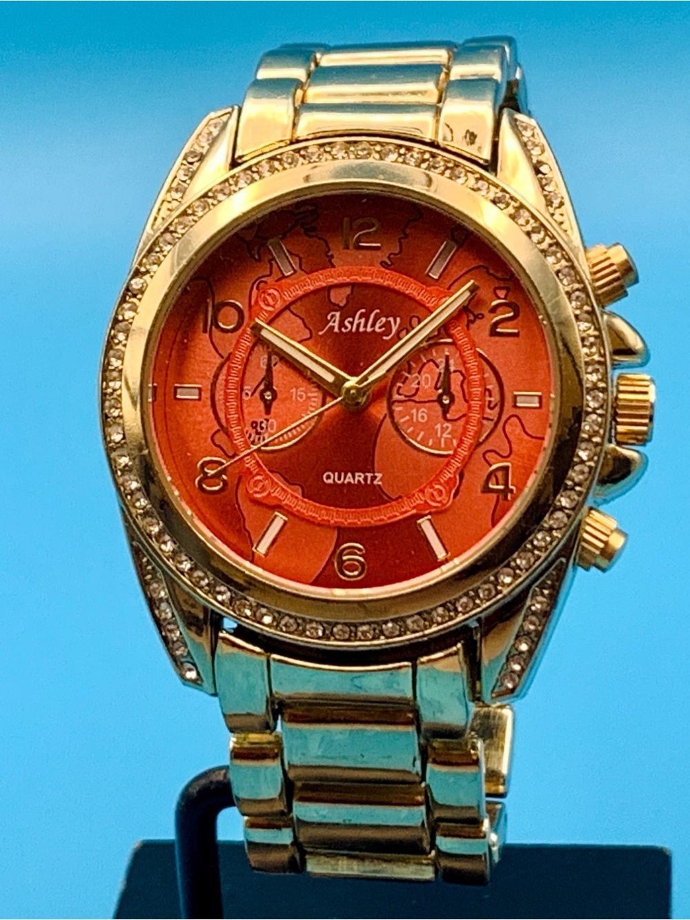 ASHLEY 7694 Women’s Wristwatch Crystals Map Motif Faux Subdials Working New Batt
